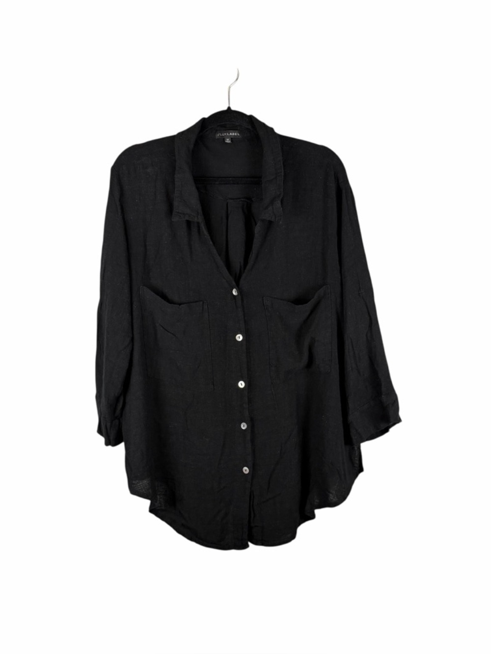 JLUXLABEL Black Button Down Blouse Lightweight Pocket Top Size M